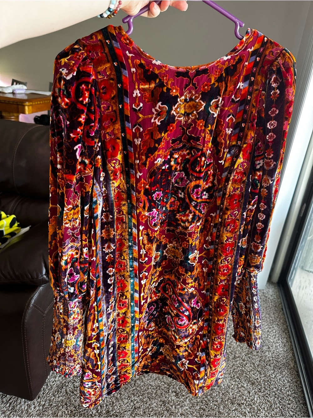 Anthropologie Velvet Long-Sleeve Bohemian Dress in Burgundy and Multicolor